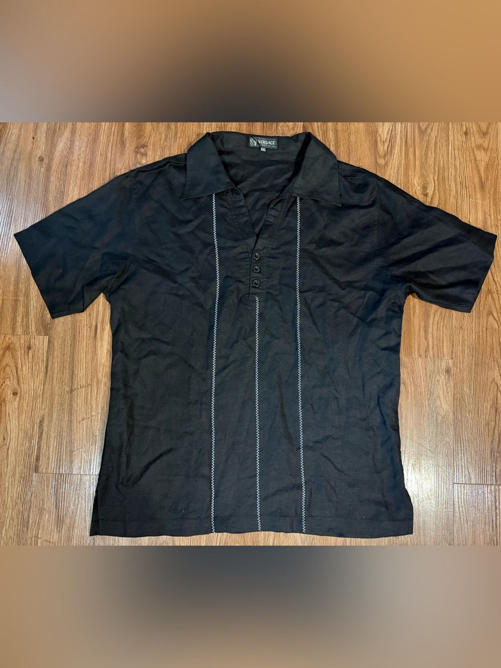 Versace Sports Wear brand black guayabera shirt features white pick-stitch Used
